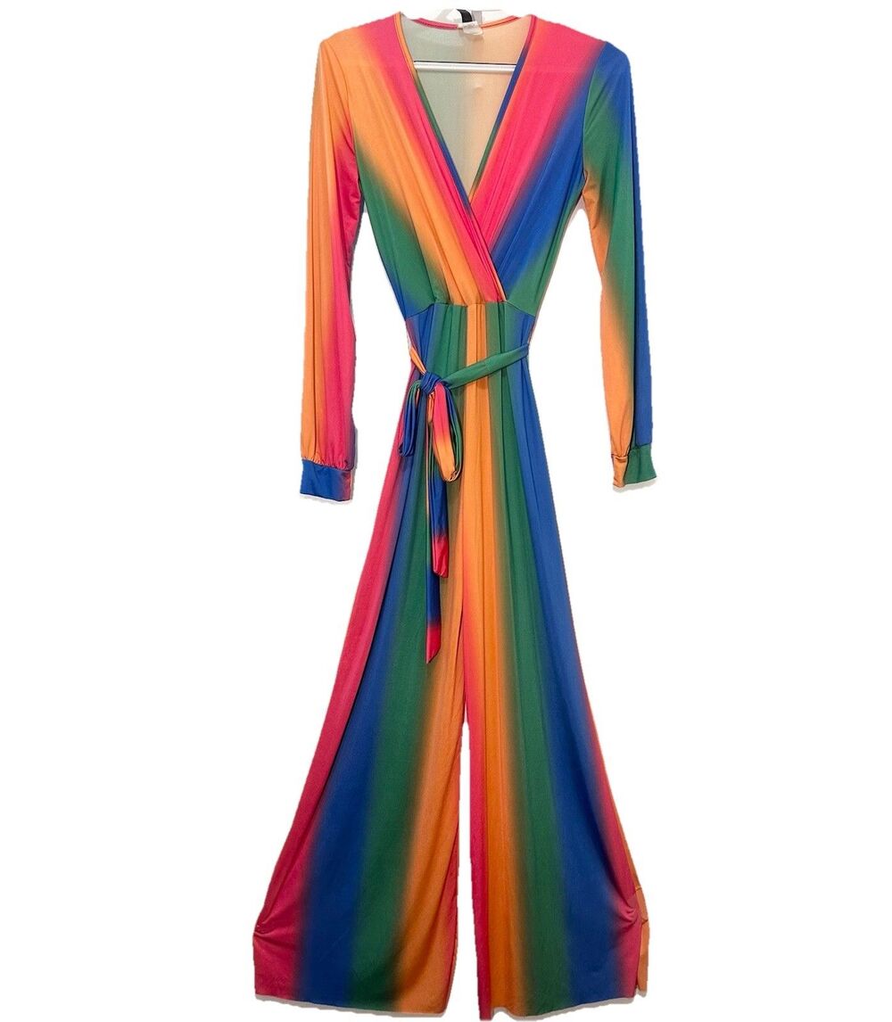 Rainbow Ombré Wide Leg Jumpsuit Womens S Small Wrap Front Tie Waist Long Sleeve